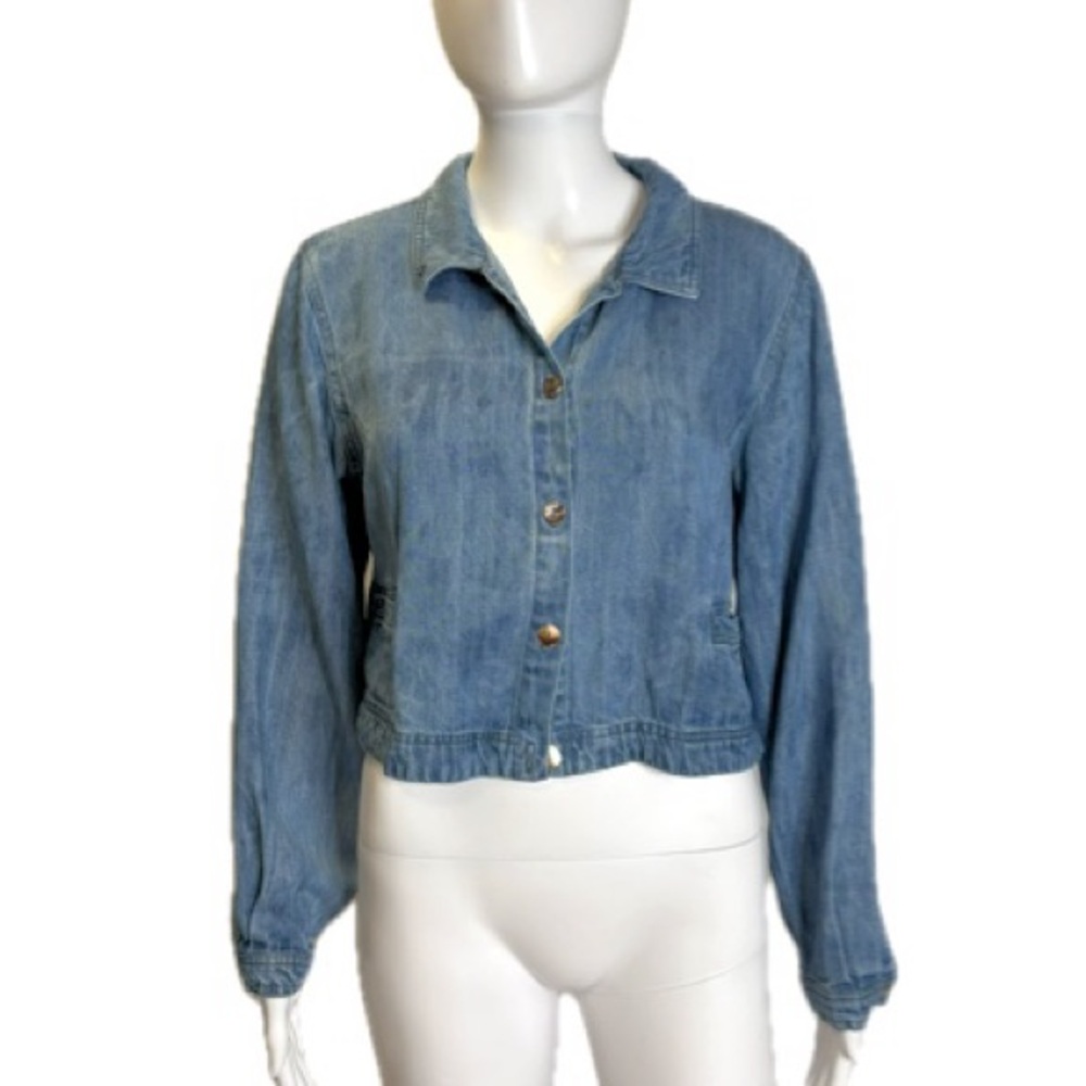 Citron Bleu Tencel Denim Shirt Jacket Womens Size M Button Front Cropped Shacket